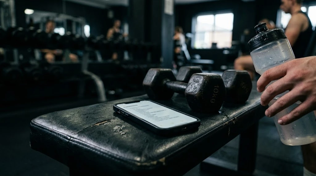 Téléphone posé sur un banc de musculation à côté d'une paire d'haltères